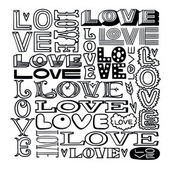 Hand lettered text in black and white, hand drawn word love. 
