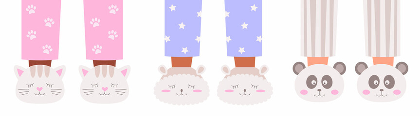 Feet in cute pandas, cats and sheeps slippers for hen-party or childrens pajama party. Vector illustration in flat style.