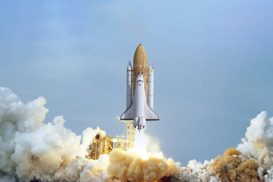 Spaceship takes off into the sky. Rocket starts into space. Concept “Elements furnished by NASA”