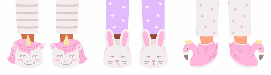 Feet in cute unicorns, hares and flamingos slippers for hen-party or childrens pajama party. Vector illustration in flat style.