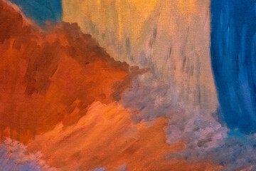 Abstract art background dark blue and red colors. Watercolor painting on canvas with orange gradient.