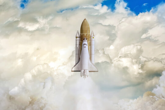 Spaceship takes off into the sky. Rocket starts into space. Concept “Elements furnished by NASA”