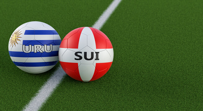 Switzerland vs. Uruguay Soccer Match - Leather balls in Switzerland and Uruguay national colors. 3D Rendering 