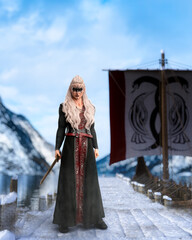 Obraz premium Portrait of a young blonde haired viking warrior woman standing on a pier holding a sword with a long boat behind iin winter. 3D rendering.