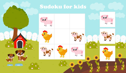 Printable worksheet with sudoku game for kids with farm animals in cartoon style, cow and hen, pig character