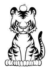 頭にミカンを乗せて座っている虎の線画