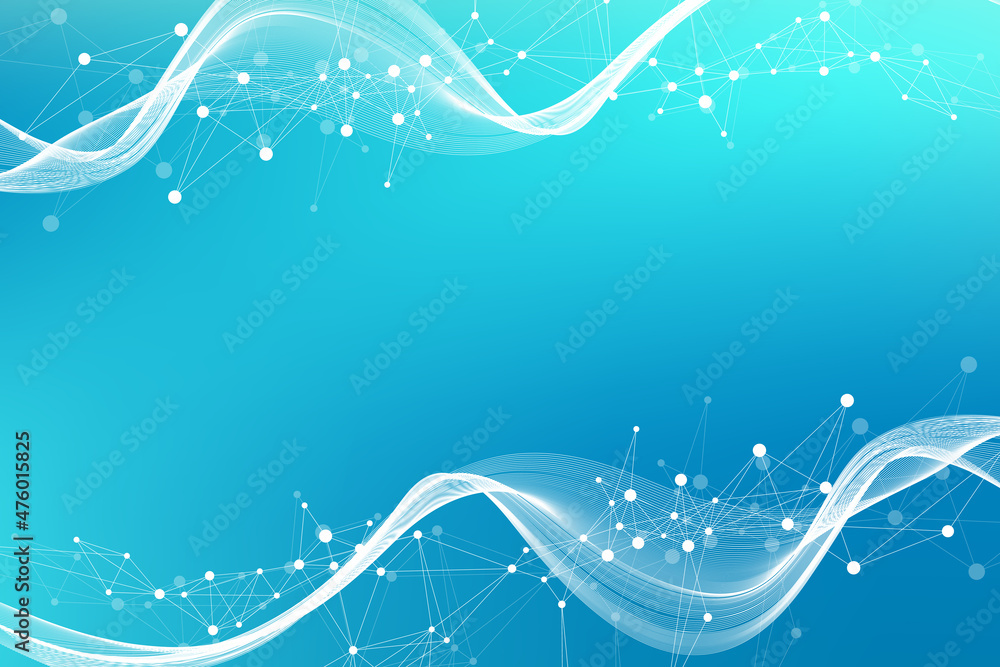 Poster Expansion of life. Colorful explosion background with connected line and dots, wave flow. Visualization Quantum technology. Abstract graphic background explosion, motion burst illustration.