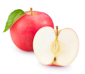 Fresh Pink Apple with leaf on white background, Japanese Mutsu apple isolated on white background, With clipping path.
