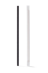 Detailed shot of a black paper cocktail straw and the same straw in the white individual packaging. The cocktail straws are isolated on the white background.