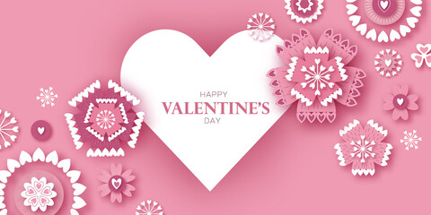 Happy Valentine's Day. Abstract Pink Floral Greeting card. International Happy Women's Day. 8 March holiday paper cut style. Heart paper craft frame Flowers. Happy Mother's Day. Space for text.
