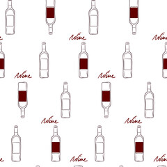 Simple lined wine bottles vector pattern on the white background. Stylish design. Flat bottle picture. Bordeaux. Luxury red wine. French mitives. Red label. Rich alcohol beverage. Transparent objects.