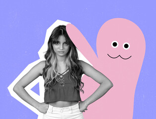 Teen, girl with personal problems standing with funny drawn cartoon little man, blot on bright background. Contemporary artwork