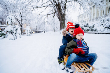 Fototapeta na wymiar Two different age brothers kids have fun in the beautiful winter park with snow-covered trees. Children walk along a snowy road riding on sled. Winter bright knitted and warm clothes.