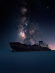 Abandoned boat on the beach under the stars