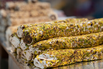 Traditional Turkish delight, with pistachio, for sale in a market.