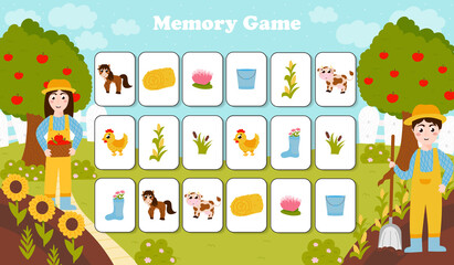 Memory game for kids with farming themed cards in cartoon style with animals and flowers, colourful worksheet