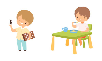 Little Boy with Chess Piece and Board and Eating Breakfast at Table Vector Set