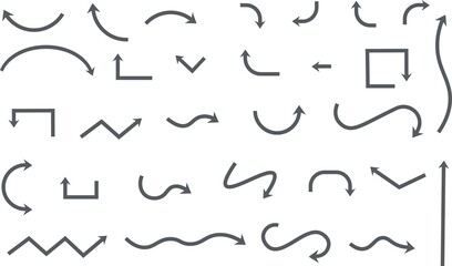 
Arrows icons set. A collection of black cursors of various shapes. Pointer down, up, left to right. Simple signs, different shapes isolated on white background. Vector image