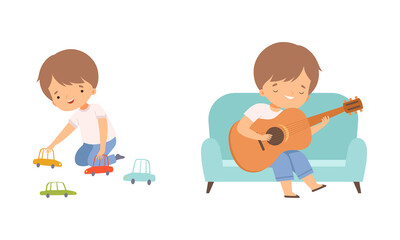 Little Boy Playing Toy Car on the Floor in Playroom and Playing Guitar Sitting on Sofa Vector Set