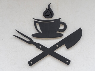 Sign on the wall of coffee knife and fork - 476019024