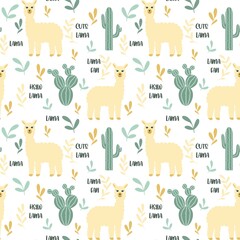 Lama and cacti seamless pattern vector illustration. Background with Alpaca, leaves and inscriptions. Template for wallpaper, fabric, design baby clothes and rooms