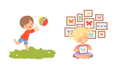 Little Boy Playing Ball Running on Meadow and Girl Holding Frame with Butterfly Vector Set