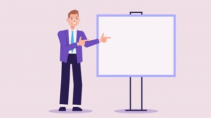 businessman character stands at empty flip chart board for presentation and points at it. copy space for text. 2d modern cartoon style animation. template for explainer video, ads or banner - Powered by Adobe