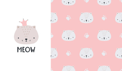 Cute seamless patterns and lettering - meow. Kitty poster. Creative childish print for fabric, wrapping, textile, wallpaper, apparel. Vector cartoon illustration in pastel colors