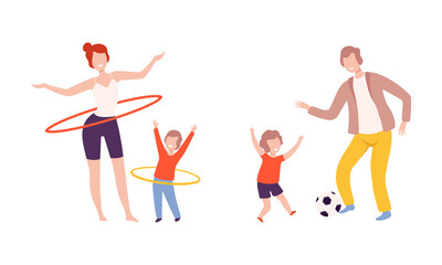 Young Parent with His Kid Playing Football and Doing Hula Hoop Vector Set - obrazy, fototapety, plakaty