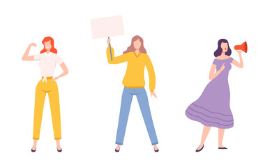 Young Woman Showing Placard Protesting with Banner for Feminine Empowerment Vector Set