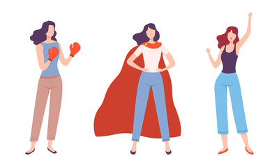 Young Woman in Cloak and Boxing Glove Protesting for Feminine Empowerment Vector Set