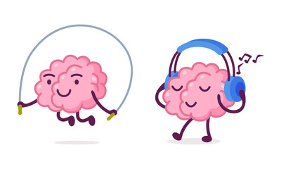 Funny Brain Character Skipping Rope and Listening to Music with Headphones Vector Set