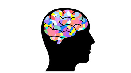 Silhouette of a person's head with a colorful brain representing creative thinking, new ideas, imagination and problem-solving.  Illustration of a healthy mind or practicing therapy, mindfulness.