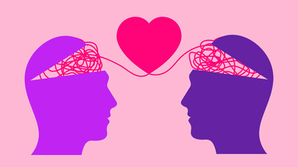 Great minds think alike, two heads brainstorming a new idea using Neurodiversity. Pink and orange colorful heads collaborating with strategic thinking. Problem-solving to create a lightbulb moment.