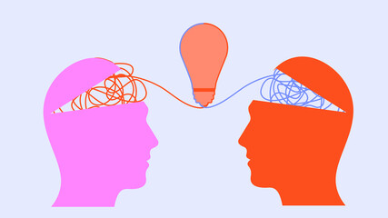 Great minds think alike, two heads brainstorming a new idea using Neurodiversity. Pink and orange colorful heads collaborating with strategic thinking. Problem-solving to create a lightbulb moment.