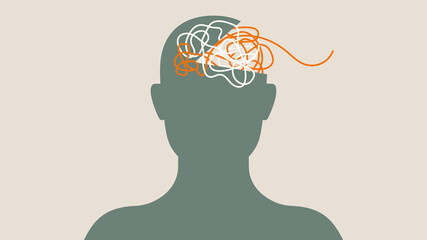 Illustration of a person thinking or processing their mental health. Tangled scribble lines coming out of a man's head while dealing with emotions, ADHD, depression, or processing creative thinking.