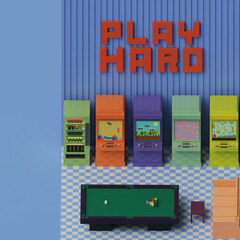 3d rendered isometric voxel game room with arcade machines and  billiard table. pixel style game concept illustration. © Suleyman Karakurt