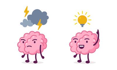Funny Brain Character with Lightbulb Having Idea and with Lightning Feeling Angry Vector Set