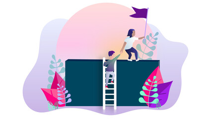 Two people use teamwork to overcome a challenge and achieve goals. Trendy isometric illustration of a man and woman working together as a team for progress and success through collaboration.