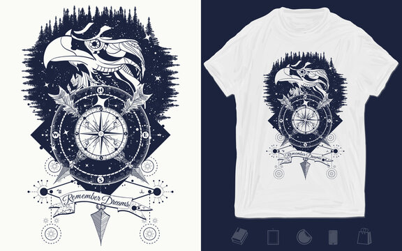 Compass and eagle tattoo and t-shirt design. Ethnic hawk tribal style. Vector graphics template. Hand drawn illustration