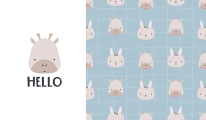 Obraz premium Cute seamless patterns and lettering - hello. Giraffe face. Creative childish print for fabric, wrapping, textile, wallpaper, apparel. Vector cartoon illustration in pastel colors