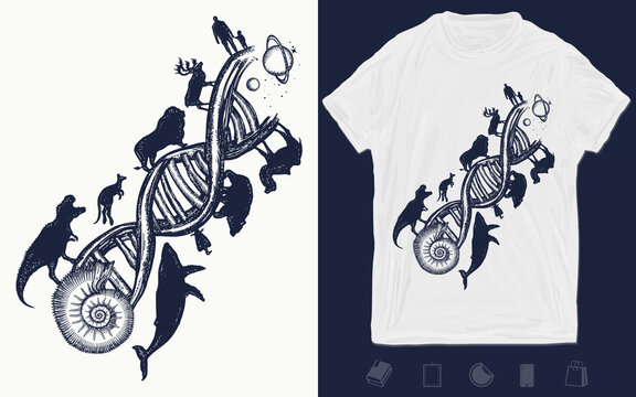 Evolution scale from unicellular organism to mammals. Symbol of science, education, medical technologies. People and animals on DNA chains, surreal t-shirt design. Vector graphics template