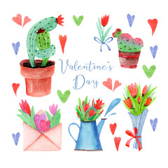 watercolor set with bouquets of tulips and romantic cacti for design for valentine's day, hugging cacti with hearts and bouquets of flowers, romantic template for design cards.