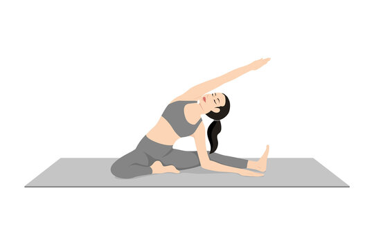 Revolved Head to Knee Prep Beautiful girl practice Parivrtta Janu Sirsasana Prep. Young attractive woman practicing yoga exercise. working out, black wearing sportswear, grey pants and top, indoor