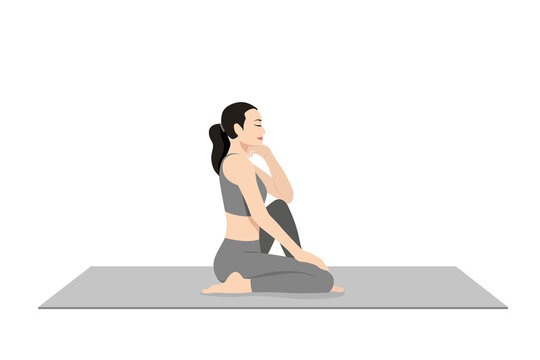 Half Hero Pose, Beautiful girl practice Ardha Virasana. Young attractive woman practicing yoga exercise. working out, black wearing sportswear, grey pants and top, indoor full length, calmness and rel