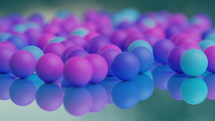 3D rendering of purple and blue colored balls with blured background;