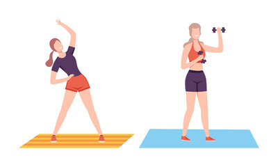 Young Woman on Mat Lifting Dumbbell and Stretching Doing Fitness Workout Vector Set