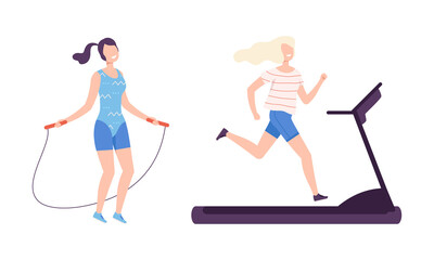 Young Woman Skipping Rope and Running on Treadmill Doing Fitness Workout Vector Set