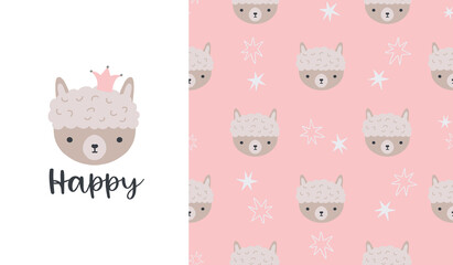 Cute seamless patterns and lettering - happy. Llama face. Creative childish print for fabric, wrapping, textile, wallpaper, apparel. Vector cartoon illustration in pastel colors