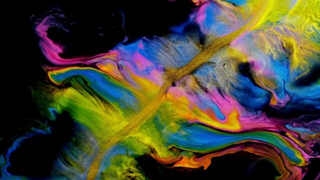 Fluide liquide art rainbow acrylic oil paints texture. Backdrop abstract mixing paint effect. Liquid colored acrylic artwork flows splashes. Fluid art texture overflowing colors